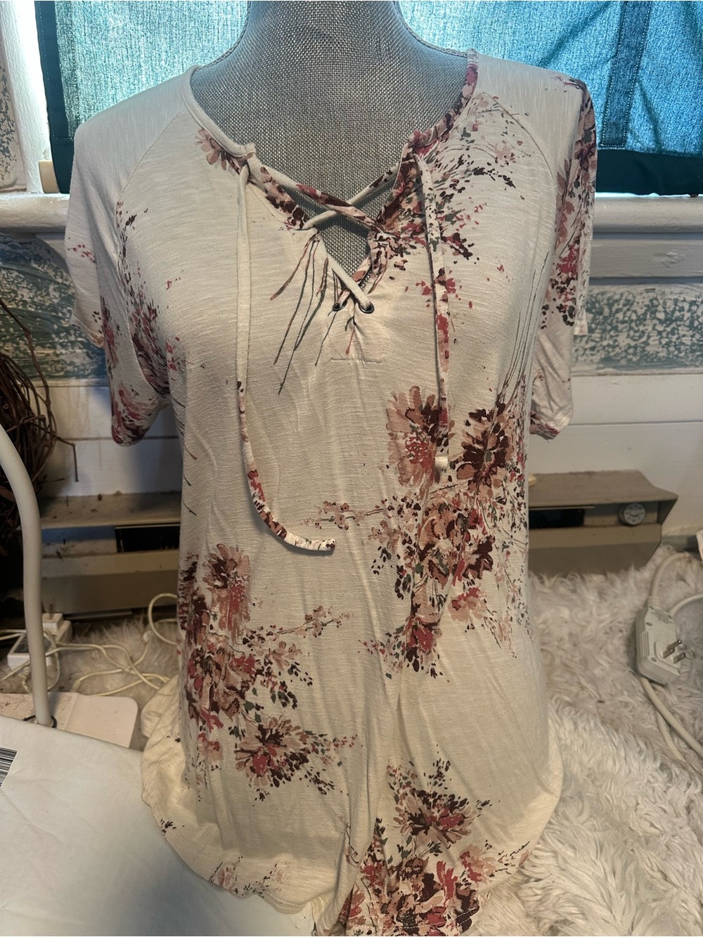 Maurices Cream Short Sleeve Lace-Up Floral Top with Pink Accents